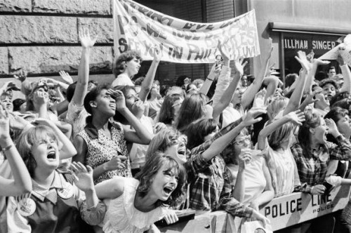The Beatles in New York City, on their North American Tour ahead of their concert to be held at Forest Hills. Cheering fans gathered outside the...