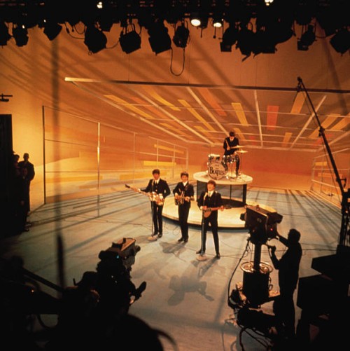 The Beatles performing during their nationwide television debut on The Ed Sullivan Show from CBS television studios in Manhattan.
