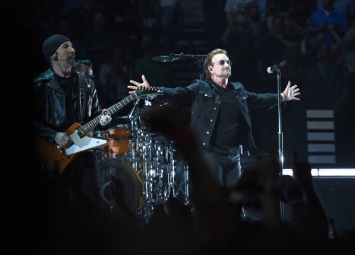 The Edge and Bono of the rock band U2 perform at Bridgestone Arena on May 26, 2018 in Nashville, Tennessee.