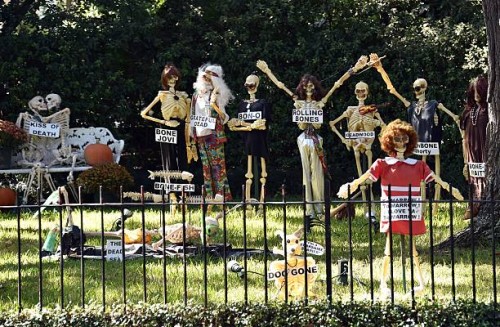 The front yard of a house in the Garden District of New Orleans, Louisiana, wears special decorations on October 19, 2015 as the city prepares to...