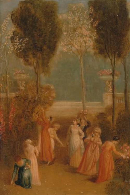 The Garden, Thomas Stothard, 1755–1834, British, ca. 1820, Oil on panel, Support : 7 x 5 inches , architecture, basket, decoration, flowers , garden,...