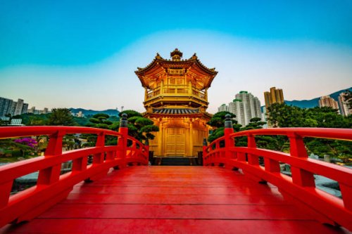 the golden pavilion of absolute perfection in nan lian garden, chi lin nunnery, a large buddhist temple in hong kong - garden decoration stock pictures, royalty-free photos & images