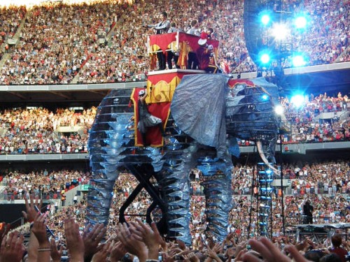 The members of Take That perform on board a giant mechanical elephant on the final date of their 'Circus' tour, at Wembley Stadium on July 5th, 2009...