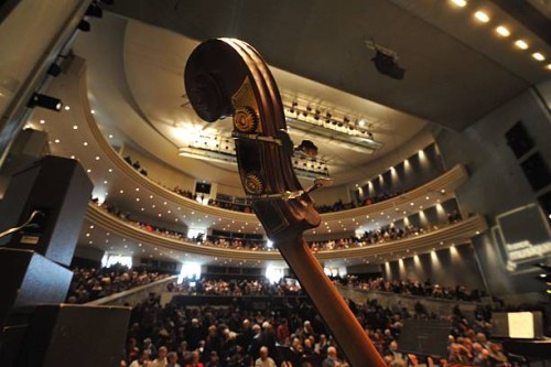 The peg box of a double bass is pictured prior a concert of the Ural Philharmonic Orchestra at the 20th edition of the music festival "La Folle...
