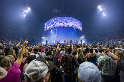 The sold out crowd cheers as Jelly Roll performs onstage during the Beautifully Broken Tour at Climate Pledge Arena on August 31, 2024 in Seattle,...