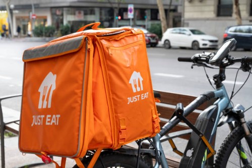The Spanish start-up on-demand delivery company, Just Eat, bag seen on a bike in Spain.
