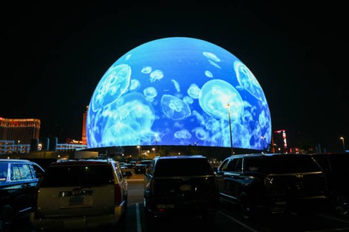 The Sphere is seen during the opening night with U2:UV Achtung Baby Live concert at the Venetian Resort in Las Vegas, Nevada, United States on...