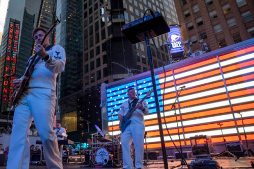 The US Navy band from Rhode Island plays a concert during Fleet Week in Times Square on May 28, 2022 in New York City. Fleet Week returned this year...