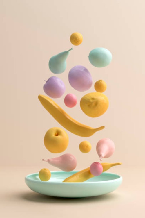 three dimensional render of pastel colored fruits falling on plate - food stock pictures, royalty-free photos & images