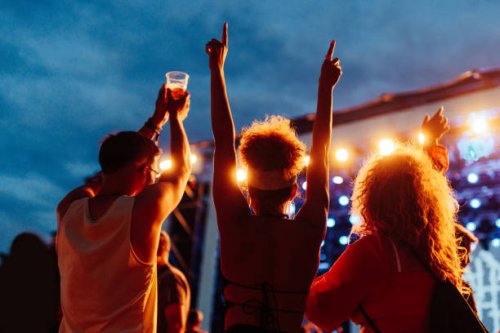 three young friends at music concert - concert stock pictures, royalty-free photos & images
