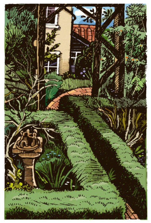 through the garden arch illustration - garden decoration stock illustrations