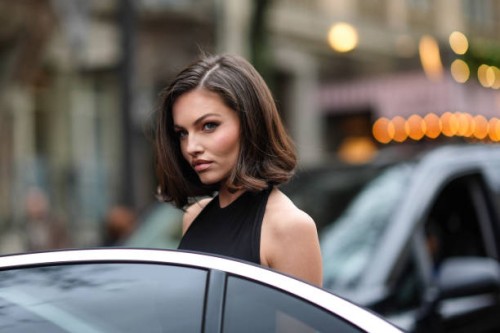 Thylane Blondeau wears a black tank top, outside Nina Ricci, during the Womenswear Fall/Winter 2024/2025 as part of Paris Fashion Week on March 01,...