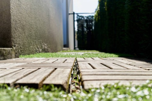 tiles on a grass floor outside a building, next to it is a wall with foliage, in the background is the blue sky. - garden decoration stock pictures, royalty-free photos & images