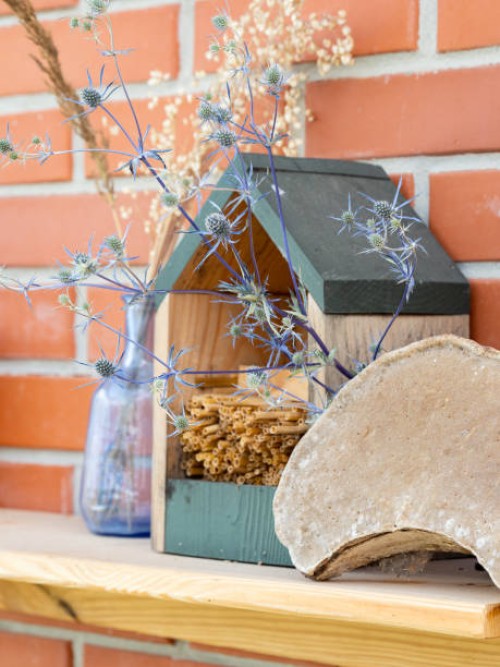 tiny insect house with straws and other garden decor on a wooden shelf. dried flowers, blue glass bottle, dry polypore - garden decoration stock pictures, royalty-free photos & images