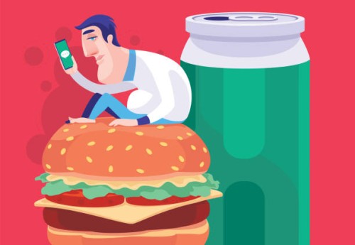 tired man sitting on big hamburger and looking at smartphone - junk food stock illustrations
