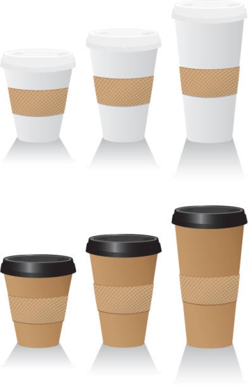 to go coffee or hot beverage cups in assorted sizes - junk food stock illustrations