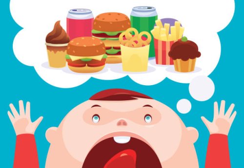 toddler thinking of junk food - junk food stock illustrations