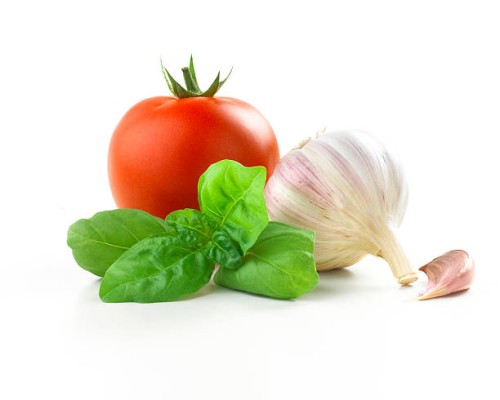 tomato, basil leaf and garlic - food stock pictures, royalty-free photos & images