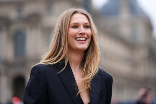 Toni Garrn wears a black blazer jacket, outside Off-White, during the Womenswear Fall/Winter 2024/2025 as part of Paris Fashion Week on February 29,...