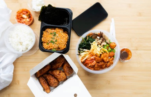 top view takeaway bibimbap and fried chicken korean style korean food and cuisine delivery food service at home - junk food stock pictures, royalty-free photos & images