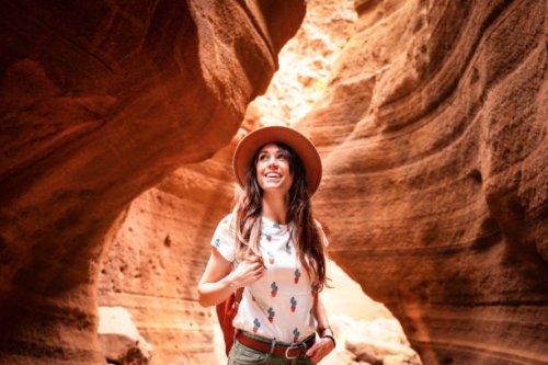 tourist exploring a canyon in grand canary. canary islands, spain - travel stock pictures, royalty-free photos & images