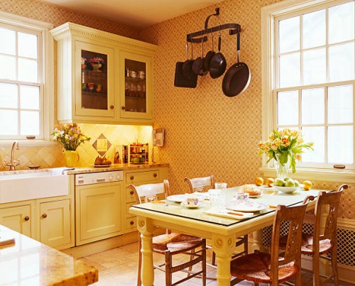traditional country kitchen with cane seat chairs at table - home decoration stock pictures, royalty-free photos & images