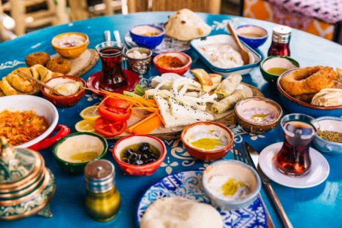 traditional turkish breakfast served in a restaurant - food stockfoto's en -beelden