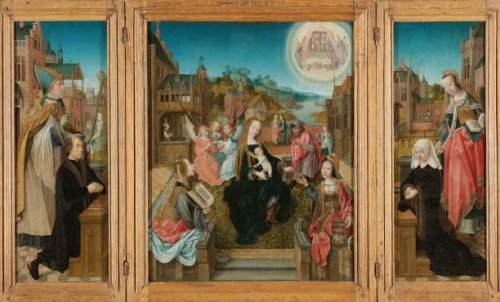 Triptych with Virgin and Child with Saints , male Donor with Saint Martin , female Donor with Saint Cunera , and the Annunciation , circa 1500-circa...