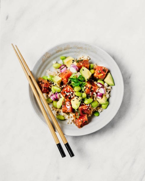 tuna and avocado poke bowl - food stock pictures, royalty-free photos & images