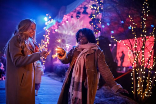 two joyful girlfriends dancing and waving sparklers during a new year's eve concert celebration - concert stock pictures, royalty-free photos & images