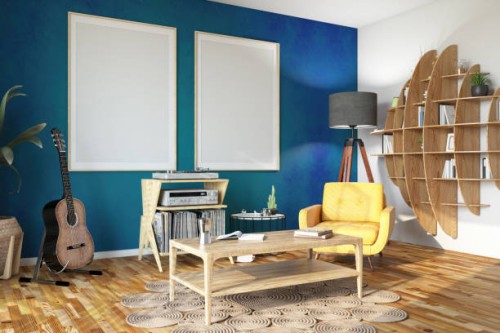 two mockup picture frames on cozy room's green blue wall - home decoration stock pictures, royalty-free photos & images