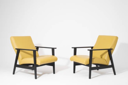 two modern yellow armchairs isolated on a white background - fashion stock pictures, royalty-free photos & images