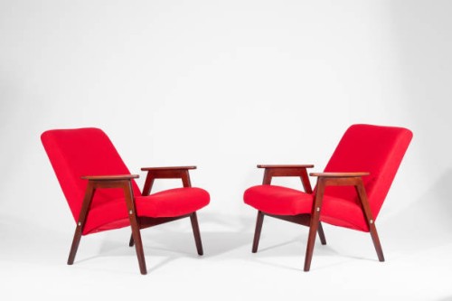 two retro red armchairs isolated on a white background - fashion stock pictures, royalty-free photos & images