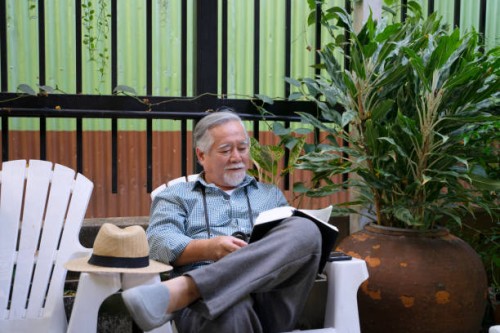 un homme âgé est assis dans le jardin. - garden decoration photos et images de collection
