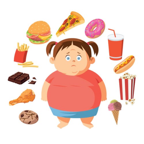 unhappy little fat girl. diet failure. stop obesity. - junk food stock illustrations