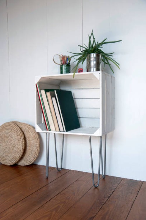 upcycled fruitcrate used as bookshelf - home decoration stock pictures, royalty-free photos & images