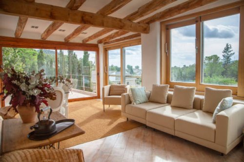 upper living room view on to garden, pool and courtyard of spanish farmhouse, barcelona - garden decoration stock pictures, royalty-free photos & images