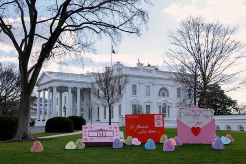 Valentines Day decorations sit on display on the North Lawn of the White House on February 14, 2024 in Washington, DC. First lady Jill Biden...