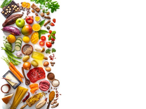 varied food carbohydrates protein vegetables fruits dairy legumes on white - food stock pictures, royalty-free photos & images