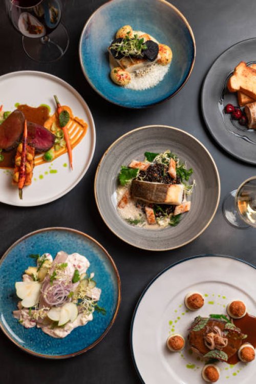 variety of food dishes with meat, fish and steak served in michelin star gourmet restaurant seen from above - food stock pictures, royalty-free photos & images