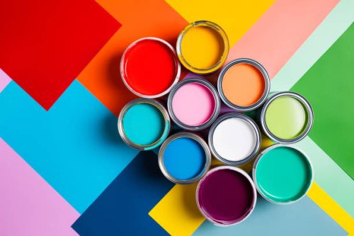 various bright paints on colorful background - home decoration stock pictures, royalty-free photos & images