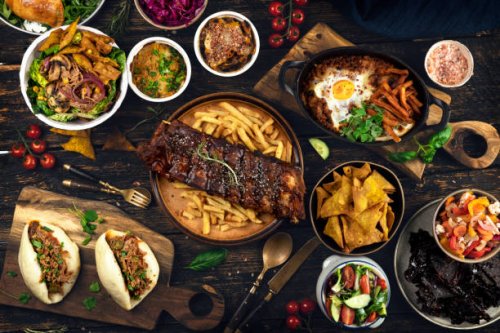 various dishes and snacks. table top view. - food stock pictures, royalty-free photos & images