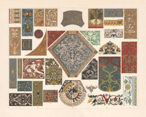 various patterns of the renaissance, chromolithograph, published in 1897 - home decoration stock illustrations