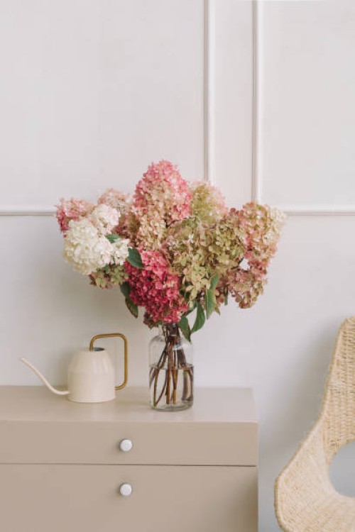 vase of hydrangea flowers on a sideboard with a watering can - home decoration stock pictures, royalty-free photos & images