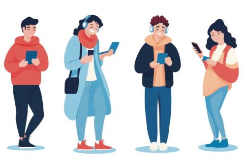 vector illustration of a group of young people with smartphones and headphones. - fashion stock pictures, royalty-free photos & images