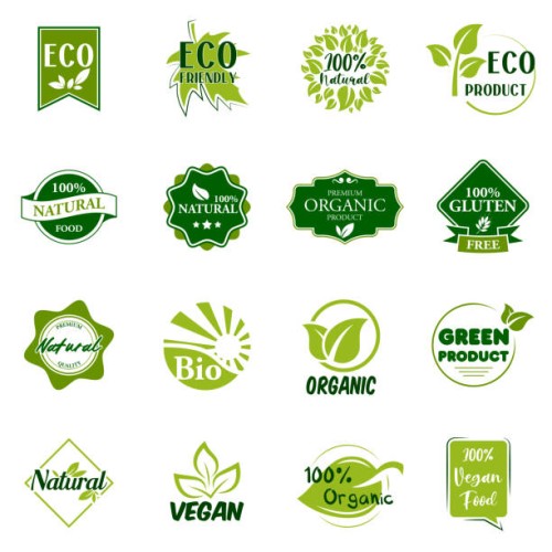 vegan and organic food labels - food stock illustrations