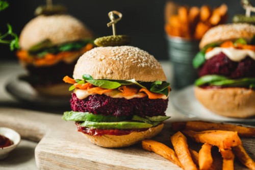 vegan food served as vegan beet burgers - food stock pictures, royalty-free photos & images