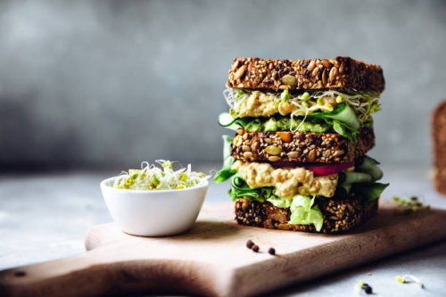vegan super sandwich served with sprouts - food stock pictures, royalty-free photos & images