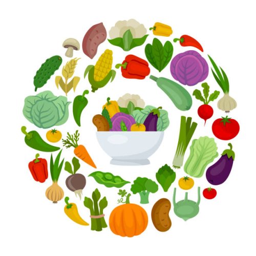 vegetables round composition. bowl with fresh vegetables. organic food. - garden decoration stock illustrations