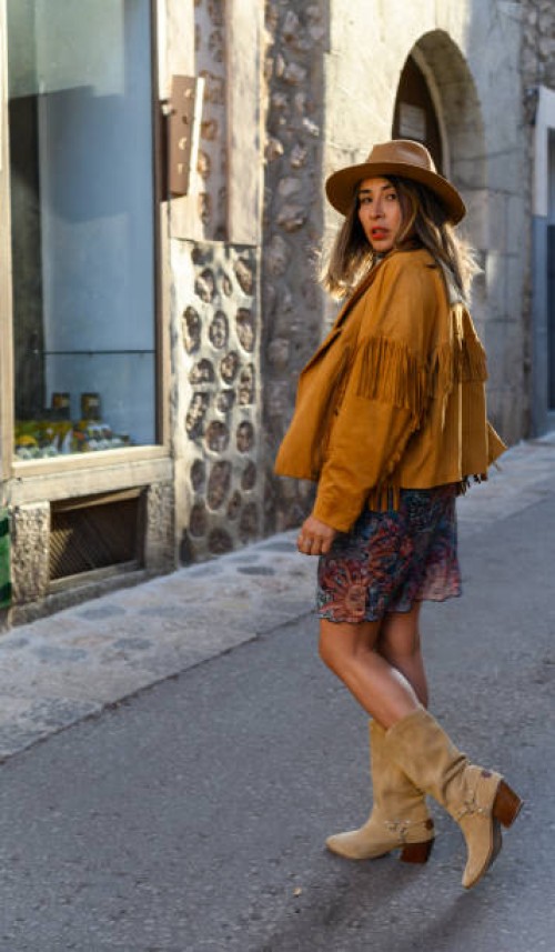 vertical photo of a model in cowgirl dress outdoors - fashion stock pictures, royalty-free photos & images